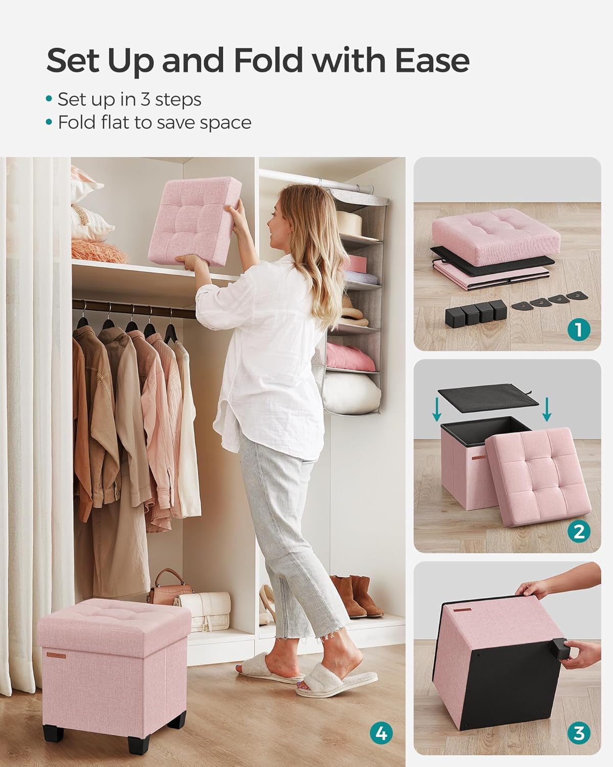 SONGMICS Storage Ottoman, Small Ottoman Foot Rest with Legs, 12.6 x 15.7 x 13.2 Inches Foot Stool, Load up to 660 lb, for Living Room, Bedroom, Dorm, Slate Gray ULSF012G01