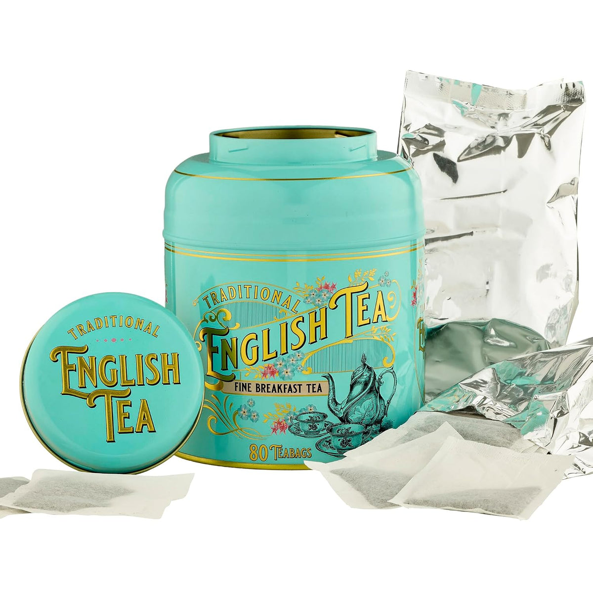 New English Teas Victorian Tea Tin with 80 Black Tea Bags - Teal
