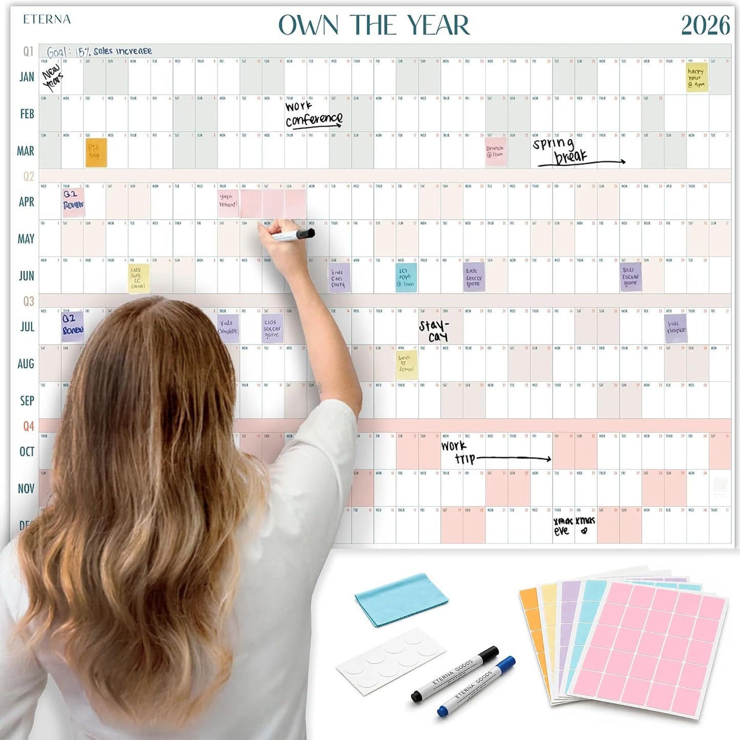 ETERNA GOODS Undated Giant Wall Calendar | 4ft x 3ft Full-Year Dry Erase Planner Start Anytime, Own The Year Jumbo Whiteboard Wall Calendar, Includes Markers, Stickers & Mounting Kit, for Home or Office