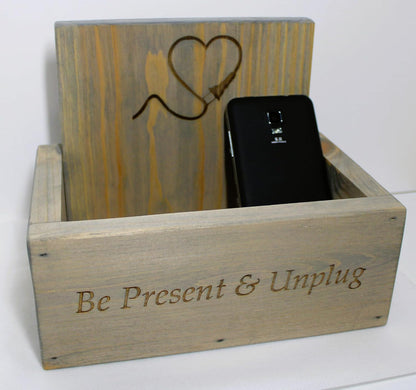 Unplug - Rustic Cell Phone Drop Box - Handcrafted from Hidden Pond Gardens! Made from Reclaimed Pine and Stained in barn Weather Grey. Handmade on Our Farm in Our barn. Made in The USA.