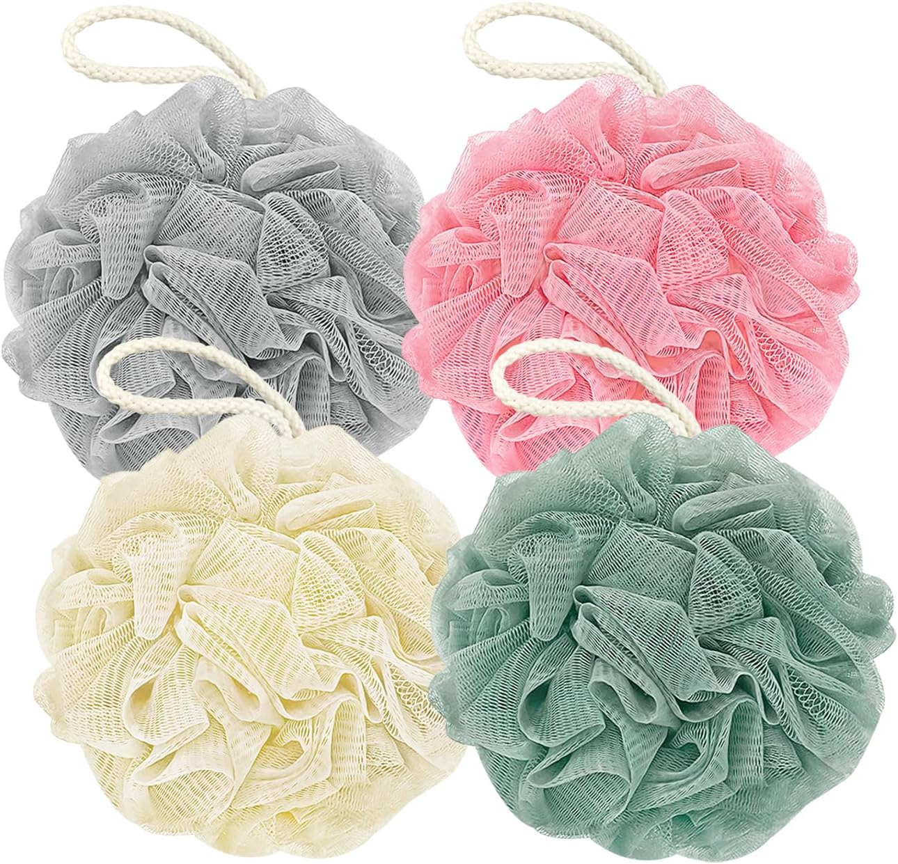 Rnoafmu Shower Loofah Bath Sponge, 60G Loofah Exfoliating Body Scrubber, 4 Color Mesh Shower Pouf Balls for Body Wash (Pink Green White Gray)
