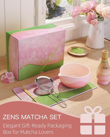 ZENS Matcha Whisk Set, Matcha Kit Set, Matcha Bowl with Spout, Bamboo Whisk & Scoop, Chasen Holder, 304 Sifter & Tea Mat, 6pcs Japaness Matcha Kit for Matcha Lovers, Birthday Gift, Pale Green