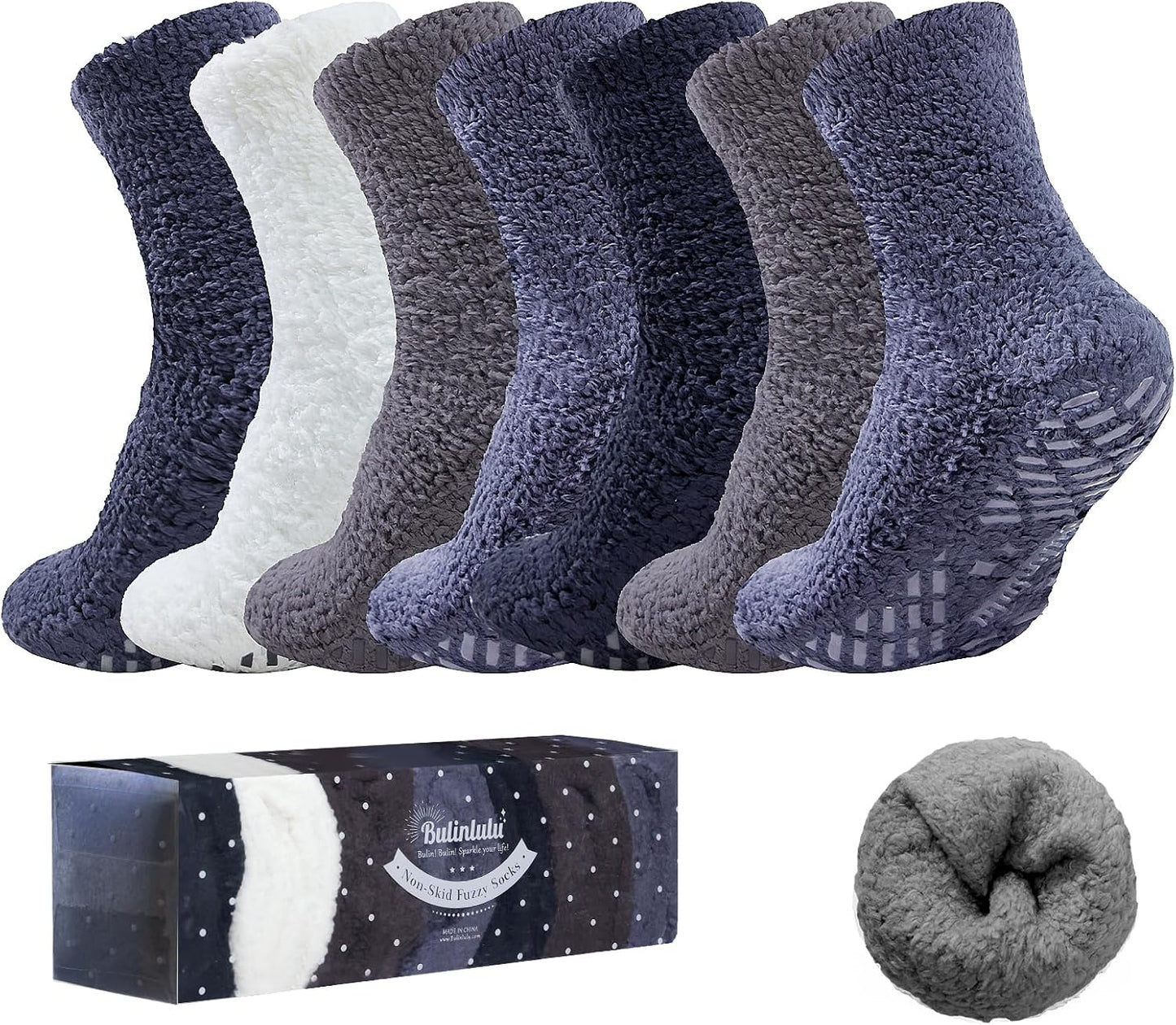 Bulinlulu Fuzzy Socks with Grips Plush Sleep Cozy Winter Soft Hospital Fluffy Socks for Womens Mens Gifts