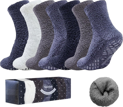 Bulinlulu Fuzzy Socks with Grips Plush Sleep Cozy Winter Soft Hospital Fluffy Socks for Womens Mens Gifts