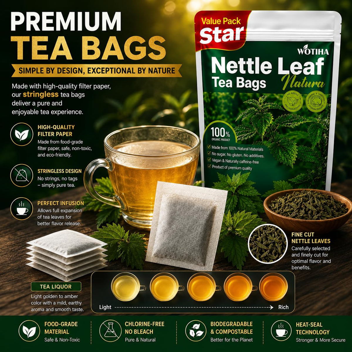 WOTIHA Premium Natural Nettle Leaf Tea Bags, 60 Count – 100% Pure Herbal Tea,Supports Kidney & Joint Health Caffeine-Free, Non-GMO, Additive-Free, Gluten-Free