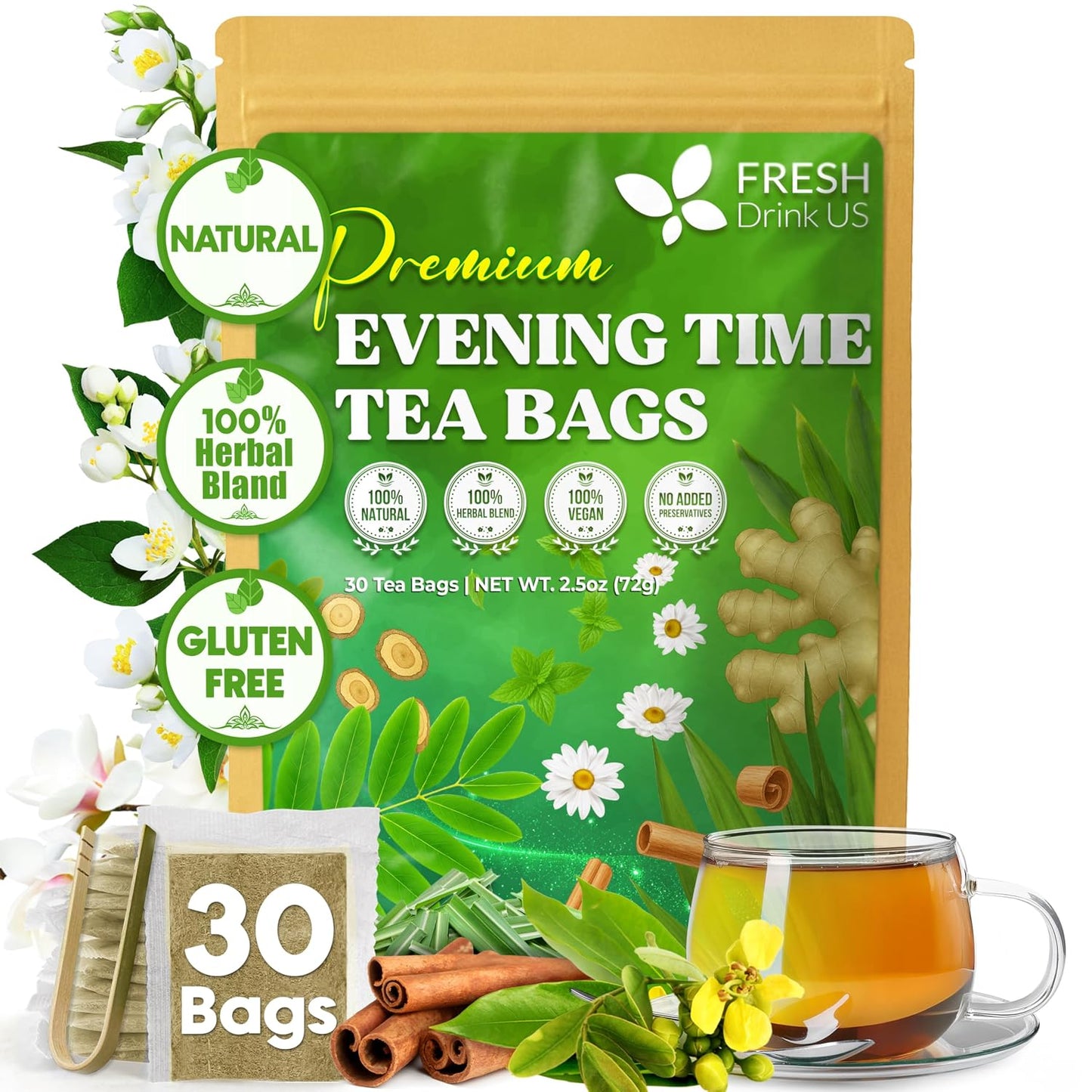 FreshDrinkUS, Premium 150 Lemon Ginger Tea Bags, 100% Natural Ingredients, Hand-made Blend of Lemon and Ginger, Eco-conscious Tea Bags. No Sugar, No Caffeine, Vegan. - Colors B