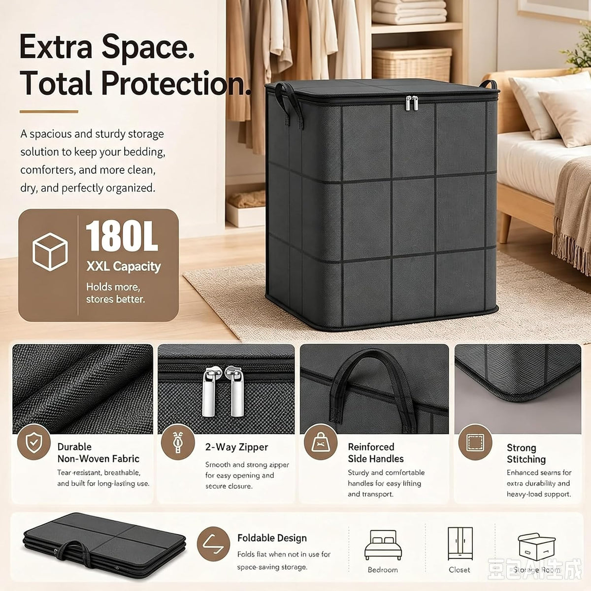 180L Spacious Moving Storage Bin, XXl Foldable Storage Bag with Reinforced Handles, Large Capacity Zippered Fabric Organizer for Bedding, Clothes, Quilts, Comforters & Moving Day