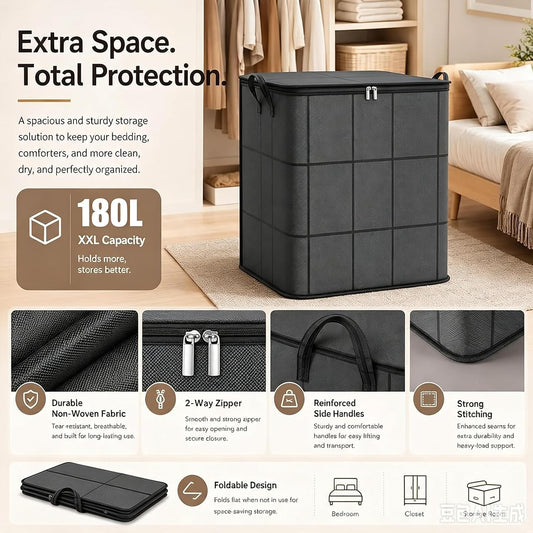180L Spacious Moving Storage Bin, XXl Foldable Storage Bag with Reinforced Handles, Large Capacity Zippered Fabric Organizer for Bedding, Clothes, Quilts, Comforters & Moving Day
