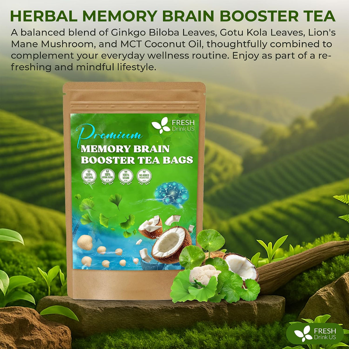 FreshDrinkUS, Memory Brain Booster Tea Bags | 75 Count | Ginkgo Biloba, Gotu Kola, Lion’s Mane Mushroom, MCT Coconut Oil | Herbal Blend | Naturally Flavorful, No Additives, Caffeine-Free
