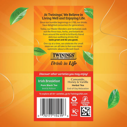Twinings English Breakfast Black Tea Individually Wrapped Bags, 20 Count (Pack of 6), Flavourful, Robust, Caffeinated, Enjoy Hot or Iced, 120 Teabags