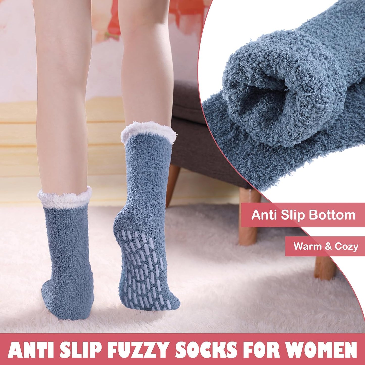 LINEMIN Non-Slip Fuzzy Socks for Women - Cozy Hospital Soft Fluffy Socks With Grips - Winter Warm Slipper