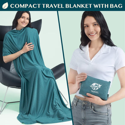 PAVILIA Travel Blanket Airplane Compact Pillow with Bag for Flights, Navy