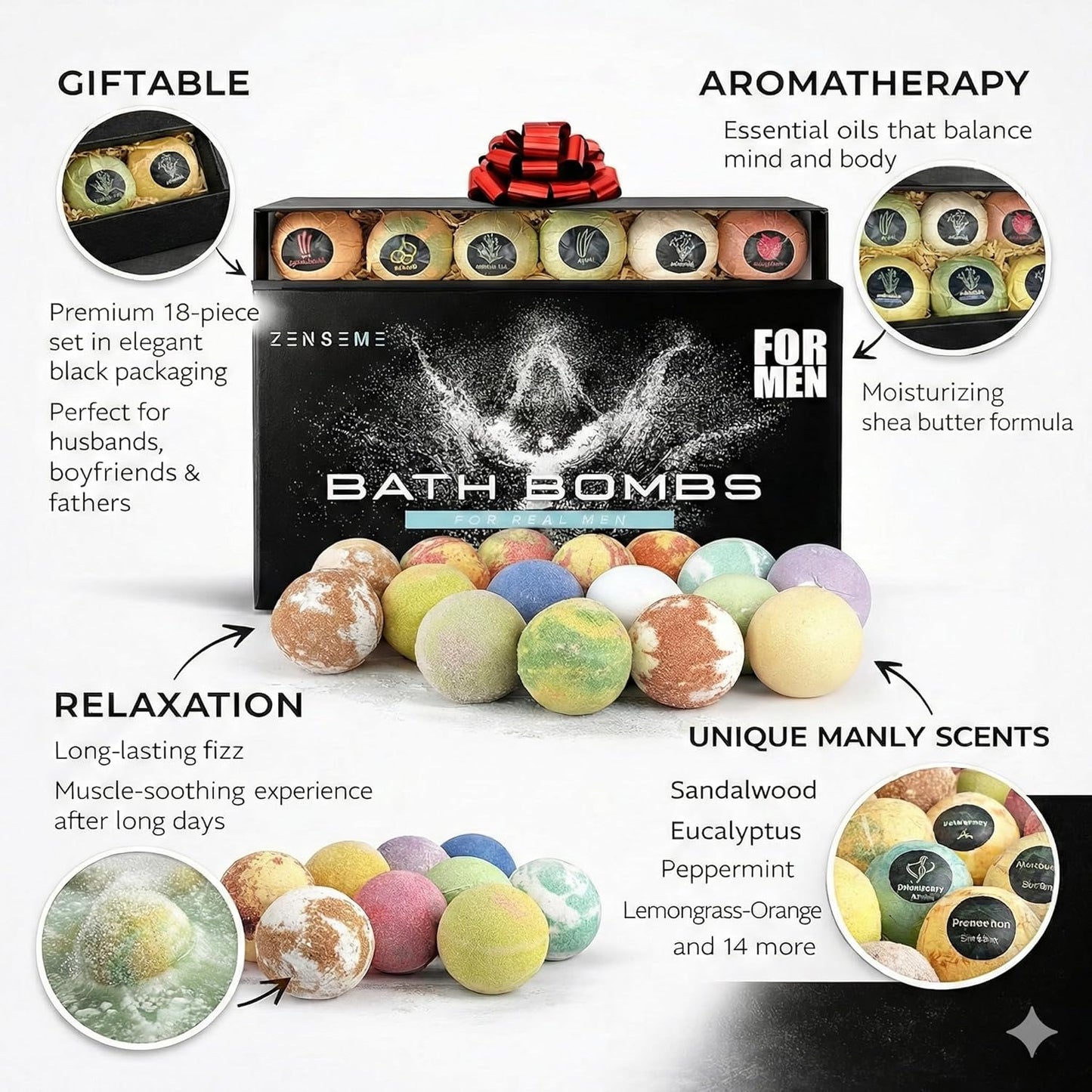 Bath Bombs for Men - Gift Set of 18 Square Shaped Handmade Natural Bath Bombs of 2.5 oz w/Essential Oils, Unique Manly Scents, for Boyfriend, Husband, Father - 18 Pack Square