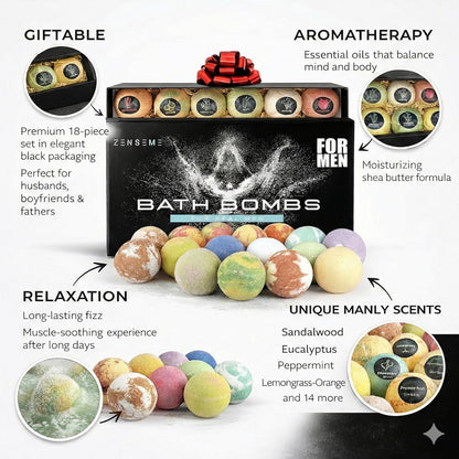 Bath Bombs for Men - Gift Set of 18 Square Shaped Handmade Natural Bath Bombs of 2.5 oz w/Essential Oils, Unique Manly Scents, for Boyfriend, Husband, Father - 18 Pack Square