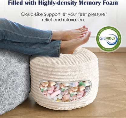 SHOUREN Stuffed Round Ottoman,Corduroy Pouf Ottoman Foot Rest with Foam Filling,Pouf Storage Ottoman Footstool for Living Room,20 X 15 Floor Poufs for Couch,Footrest Only - 20 X 15 Inches,Beige