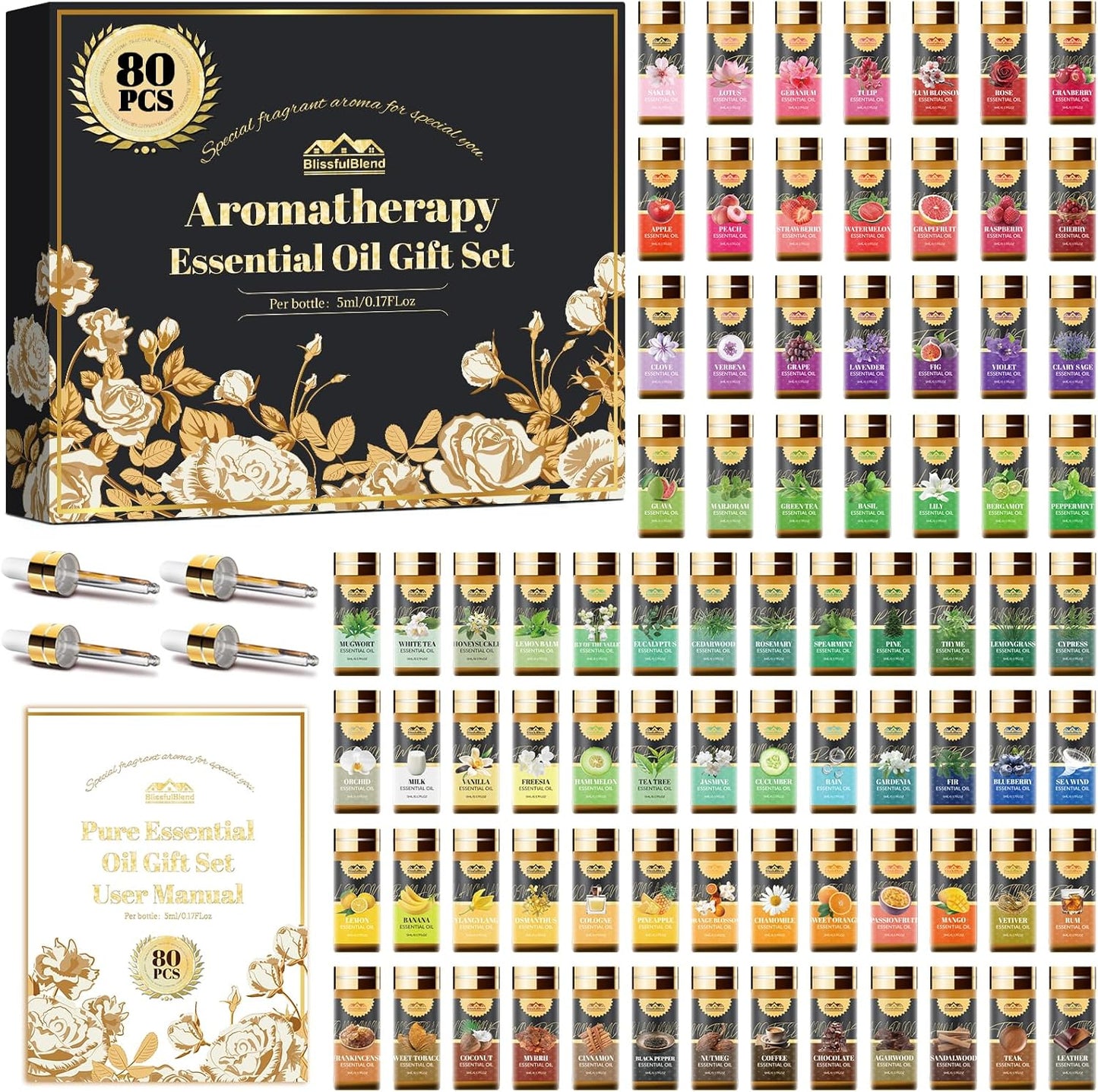 Fragrance Essential Oils Set, Essential Oils for Diffuser, for Home, Skin, Candle & Soap Making-Tea Tree, Lavender, Peppermint, Rose and More, with Gift Card for Friend, Teacher, Mom(20×5ml