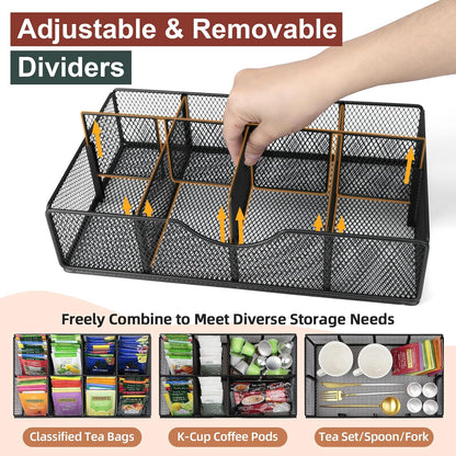 Tea Bag Organizer, Tea Bag Holder Organizer with 8-Compartment Adjustable Drawer, Wood & Metal Tea Box Organizer Chest for Countertop Kitchen, Office