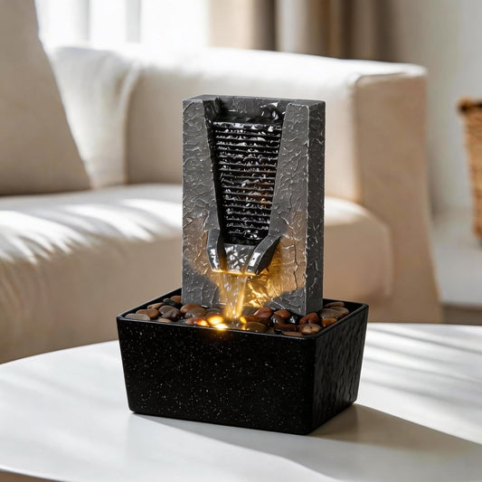 Tabletop Water Fountain Indoor - Small Desktop Waterfall with Warm LED Light & Natural River Stones | Quiet Water Feature for Office Desk Decor, Zen Meditation, Stress Relief, Relaxation Gift
