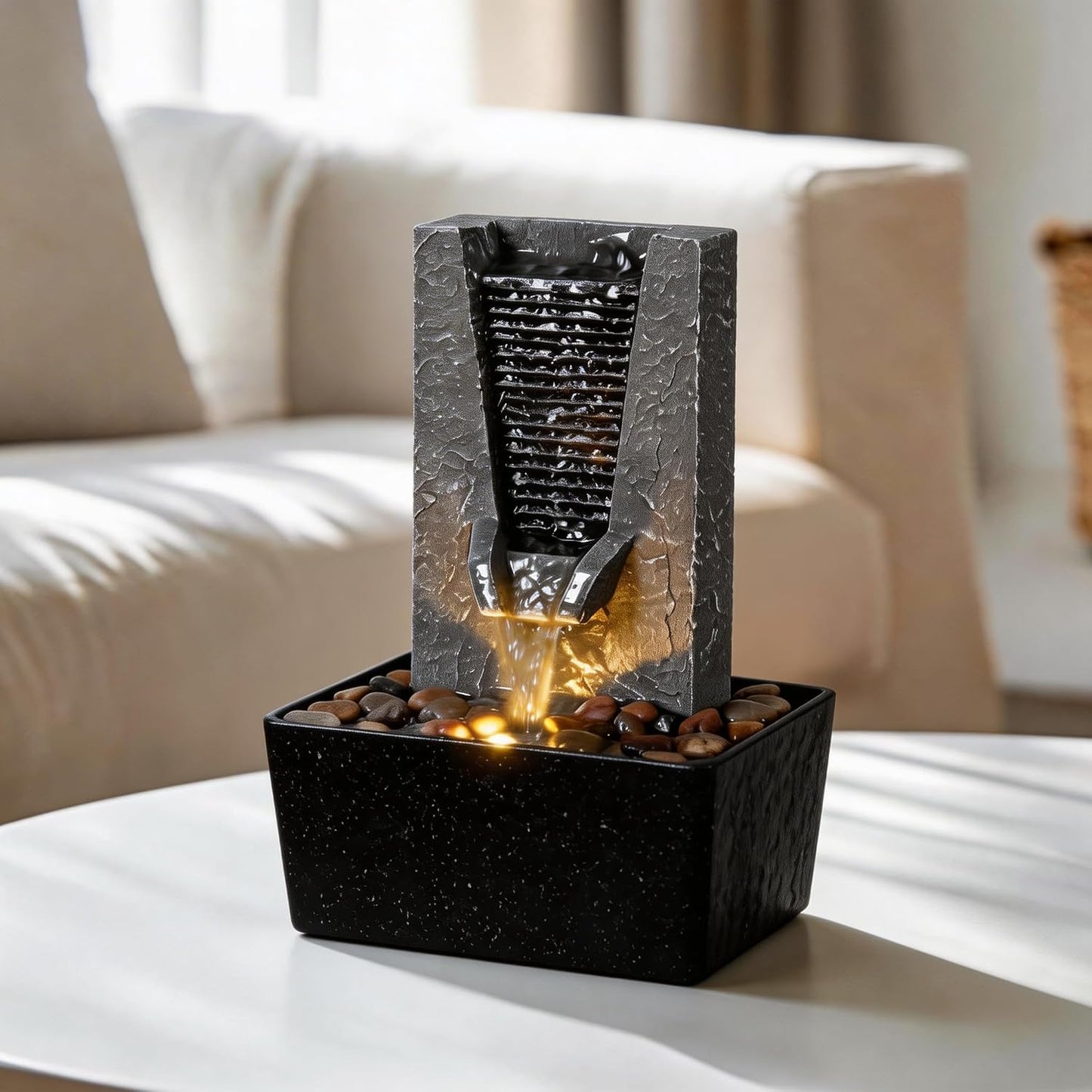 Tabletop Water Fountain Indoor Desktop Waterfall with Warm LED Light