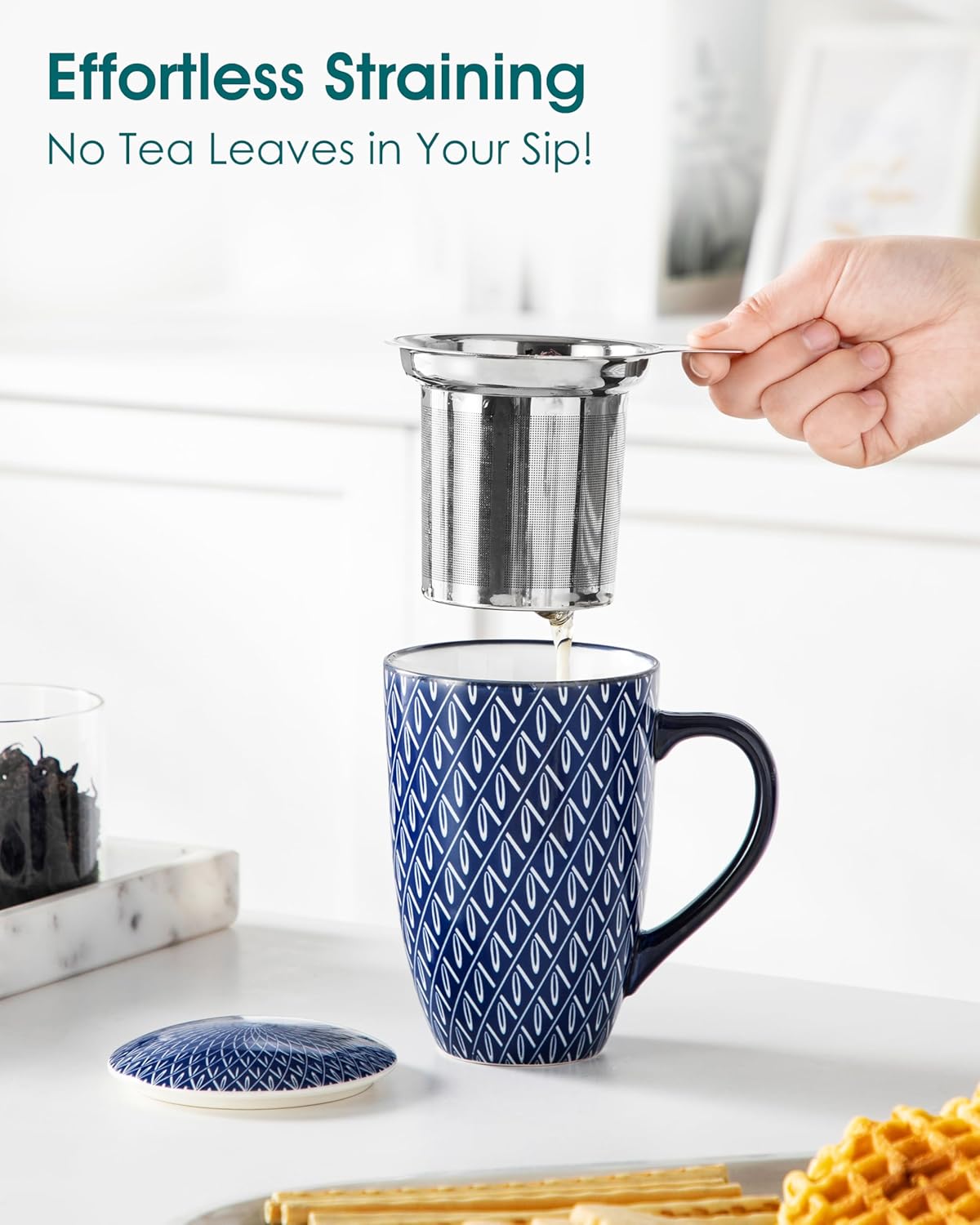 vancasso SELENE Porcelain Tea Mug, 18 oz Porcelain Tea Cup with Infuser and Lid Steeps Loose Leaf Tea, Microwave & Dishwasher Safe, Blossom Cluster