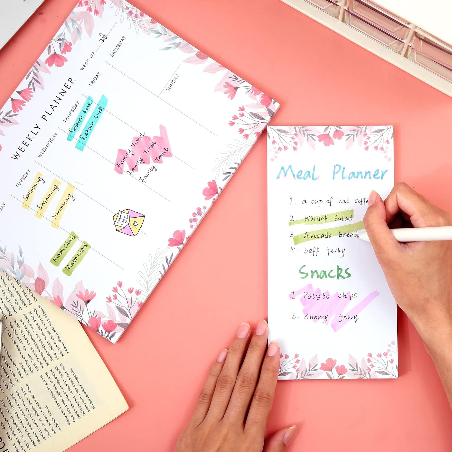 Weekly Planner Notepad Tear Off Set of 2 Weekly Calendar Pad 52 Undated To Do List Notepad Sheets Desk Planner Planning Pads Productivity Tracker for Work Goals Notes Schedule Ideas, Floral Blue