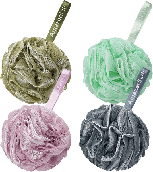 AmazerBath Loofah Sponge 75g/Piece, Exfoliating Bath Sponge Body Scrubber - Loofa Set of 4 Flower Color (Large, Green-Purple)