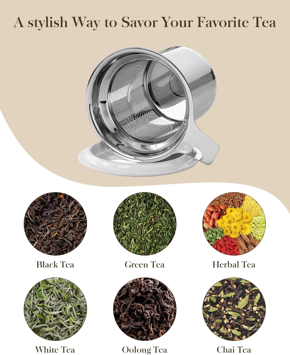 MALACASA Ceramic Tea Mug with Lid and Stainless Steel Infuser, 18 oz Large Tea Cup for Loose Leaf Tea, Heat-Resistant, Microwave & Dishwasher Safe, Speckled Glaze Coffee & Tea Brewer Mug, Khaki White