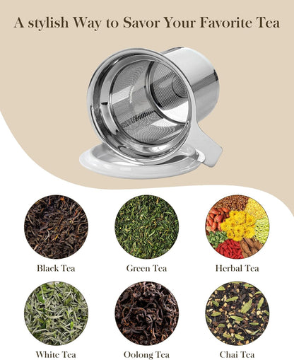MALACASA Ceramic Tea Mug with Lid and Stainless Steel Infuser, 18 oz Large Tea Cup for Loose Leaf Tea, Heat-Resistant, Microwave & Dishwasher Safe, Speckled Glaze Coffee & Tea Brewer Mug, Khaki White