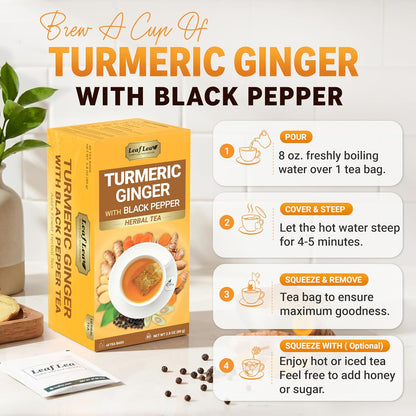 LeafLea Turmeric Ginger Black Pepper Tea Bags, 120 Count Family Pack