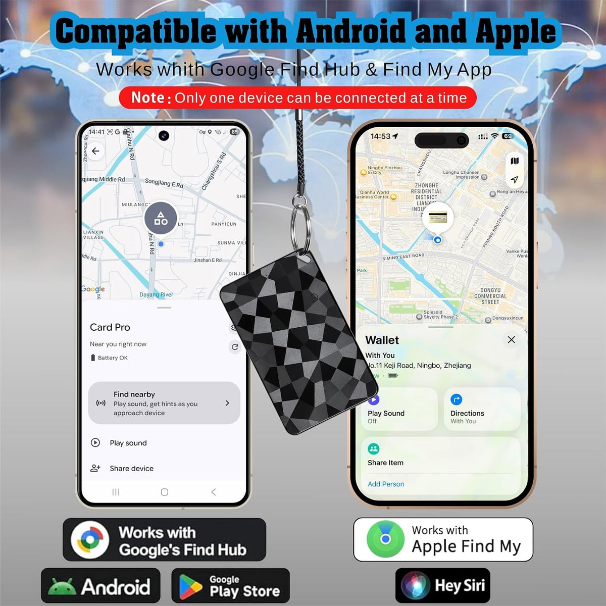 Reyke Dual-System Wallet Tracker Card for Android Or iOS, Rechargeable