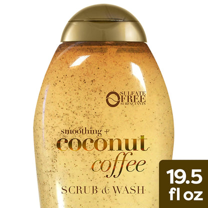 OGX Smoothing + Coconut Coffee Exfoliating Body Scrub with Arabica Coffee & Coconut Oil, Moisturizing Body Wash for Dry Skin, Paraben-Free with Sulfate-Free Surfactants, 19.5 Fl Oz, 2 Pack