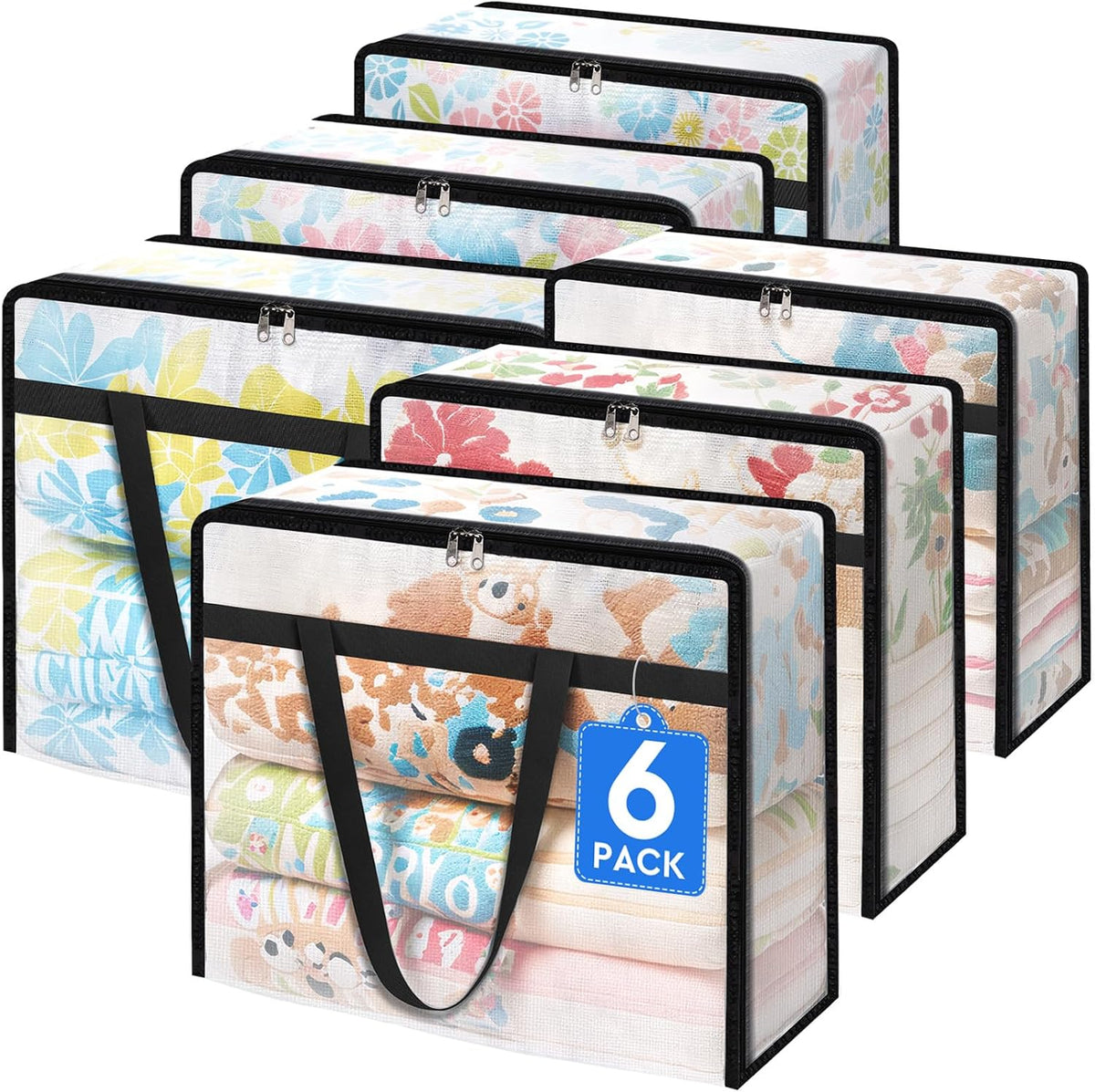TasticTotes 6 Pack Clear Storage Bags for Comforter, Clothes & Bedding, 40L