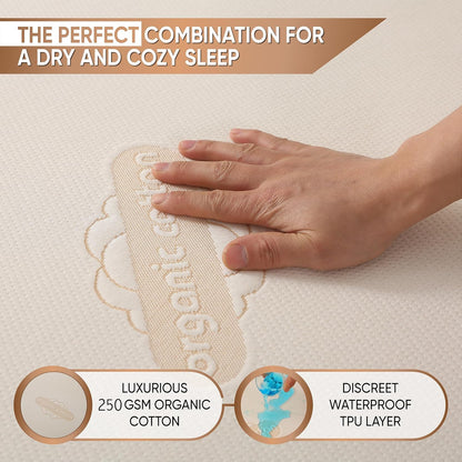 Waterproof Organic Mattress Protector Queen Size – Premium Soft Organic Cotton Surface Mattress Cover – Noiseless & Breathable 250 GSM Mattress Pad – Deep Pocket Fitted Design