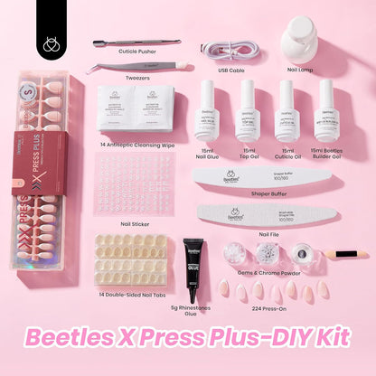 Beetles Press On Nail Kit-Short Square French Tip Press On Nails, 150Pcs Pink French Nail Tips with Nail Glue & Remover Builder Top Coat Nail Lamp, All-in-One DIY Fake Nails Gift for Women