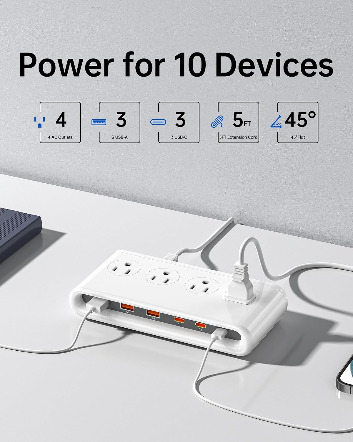 10-in-1 Power Strip with USB C Ports, 35W USB, 4 AC & 6 USB Ports