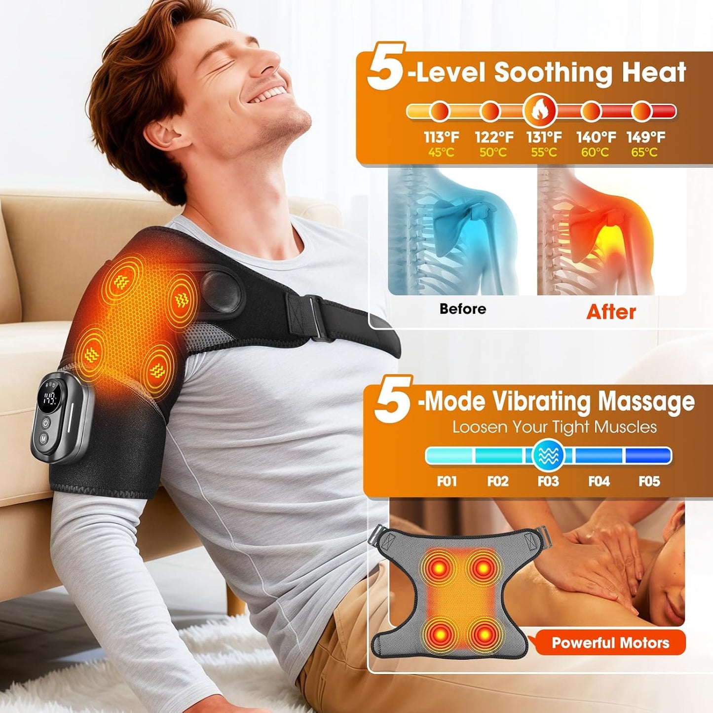 Cordless Shoulder Heating Pad with Massage, Heated Shoulder Brace with Remote Control, Shoulders Massager with Heat and Vibration for Rotator Cuff Relief, Fit Left and Right Shoulder