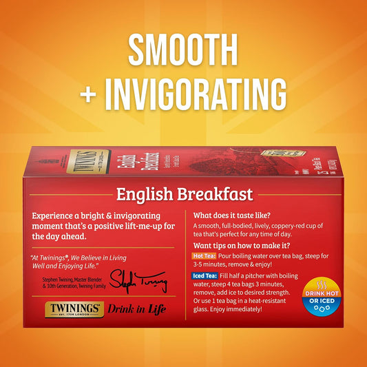 Twinings English Breakfast Black Tea Individually Wrapped Bags, 25 Count (Pack of 6), Flavourful, Robust Black Tea, Caffeinated, Enjoy Hot or Iced, 150 Teabags