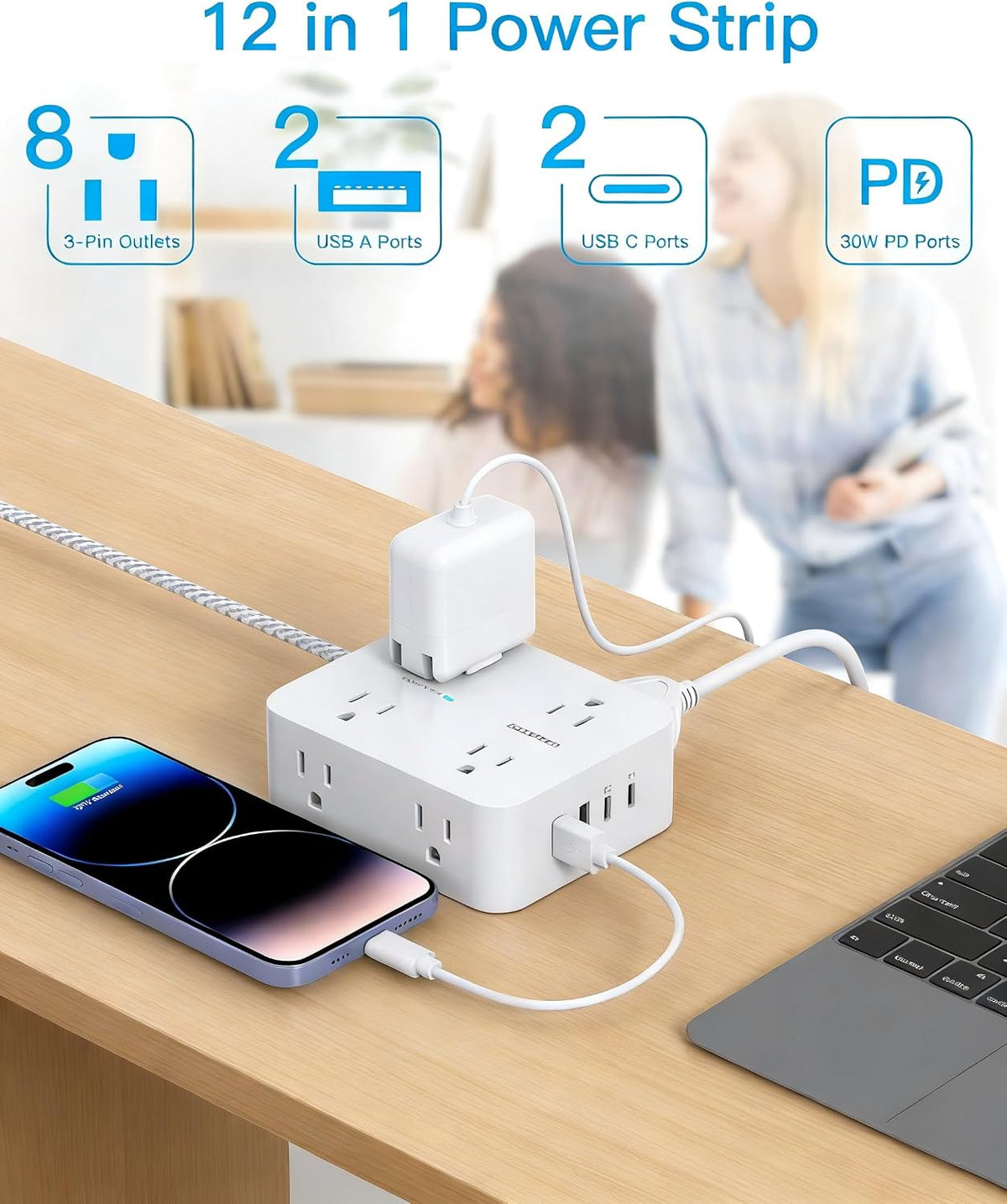 HANYCONY Surge Protector Power Strip, 1080J, 5 Ft Braided Extension Cord