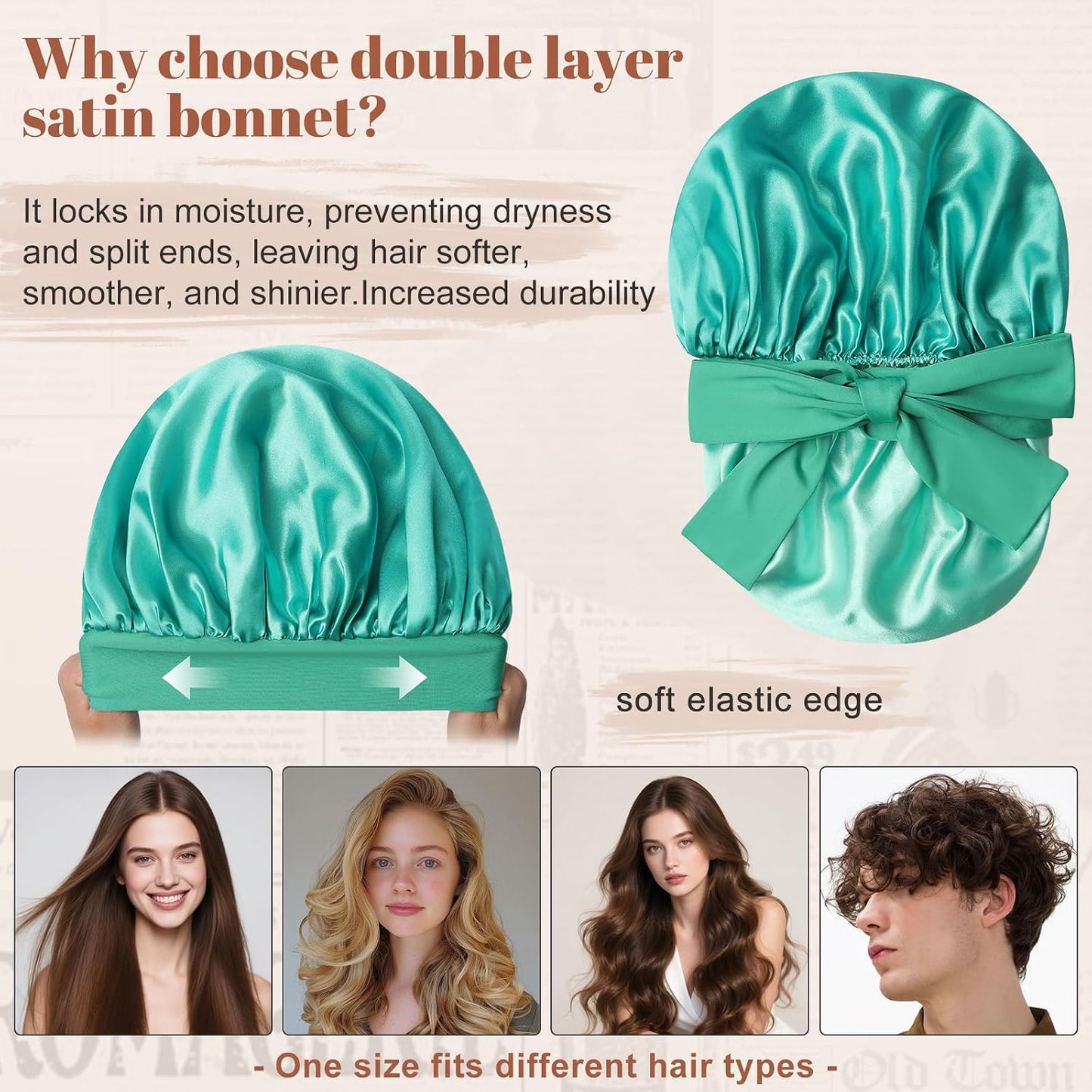 Satin Bonnet for Sleeping Cap Double Layer Hair Bonnet with Elastic Tie Band for Curly Hair Night Cap (Bean Paste + Pink)