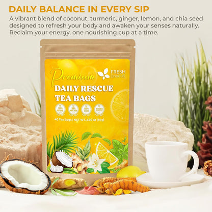 FreshDrinkUS, Premium 40 Tea Bags Daily Rescue Lemon Ginger Tea - 9 Superherbs – 100% Natural Ingredients, Tea Mix for Wellness Boost - Shelf-Stable, Caffeine-Free, Sugar-Free, Vegan