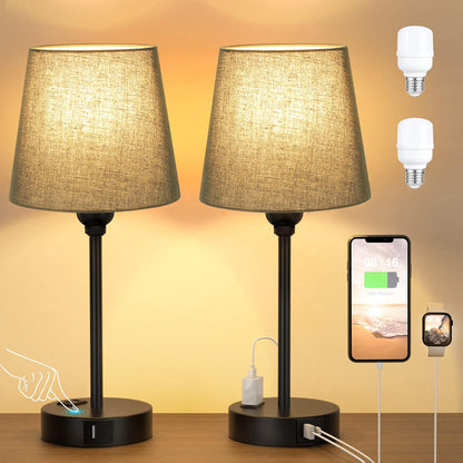Mini Bedside Lamps for Bedrooms Set of 2 - Nightstand Bedroom Lamps with USB C Port and AC Outlet Charging, Dimmable Touch Small Bed Side Table Lamp, Black Night Stand Light for Kids/Guest Room