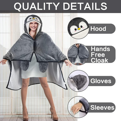 Penguin Wearable Hooded Blanket for Adults – Super Soft Warm Cozy Plush Flannel Fleece & Sherpa Hoodie Throw Cloak Wrap - Penguin Gifts for Women Adults Girls and Kids