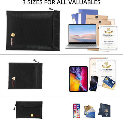 3 Pcs Fireproof Waterproof Document Bag(2000℉), Fire and Water Resistant Safe Zipper Storage Organizer Pouch for A4 A5 Documents Holder, Cash, Passport, Tablet, Laptop, File, Jewelry,(Black)