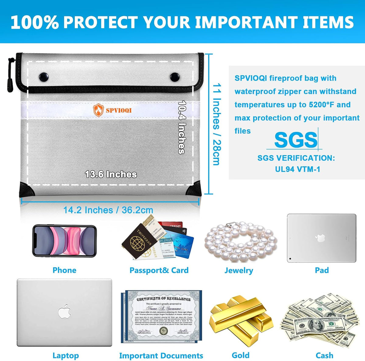 Upgraded 5200°F Fireproof Document Bag with Heat Insulated, Water Fire Proof Bags with Zipper,8 Layers of Functional Materials and Reflective Strip, Fireproof Money Bag for Cash/Documents/Valuables