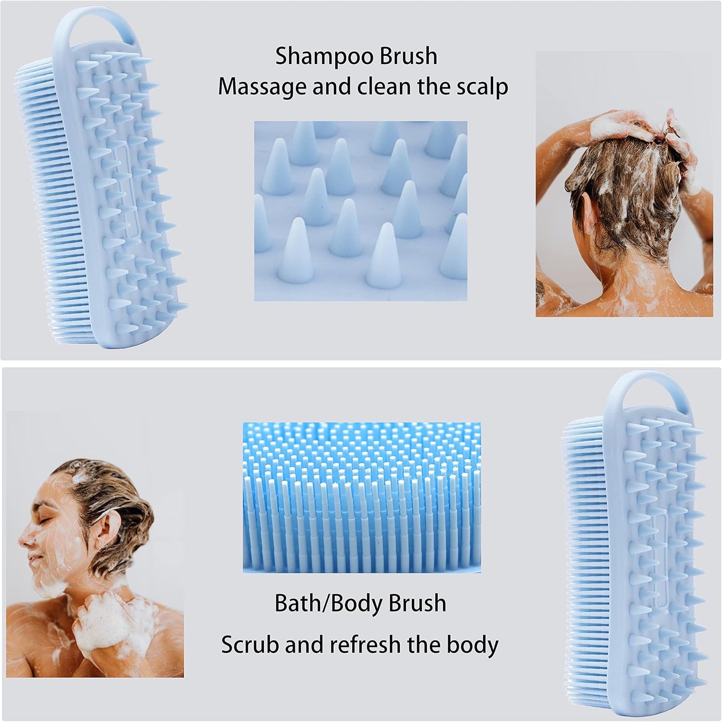 MtBoi 2 PC Silicone Body Scrubber, 2 in 1 Exfoliating Shower Bath Scrubber, Soft Silicone Loofah for Sensitive Skin, Shower Hair Scalp Massager, Easy to Clean, Lather Well (Grey&Black)