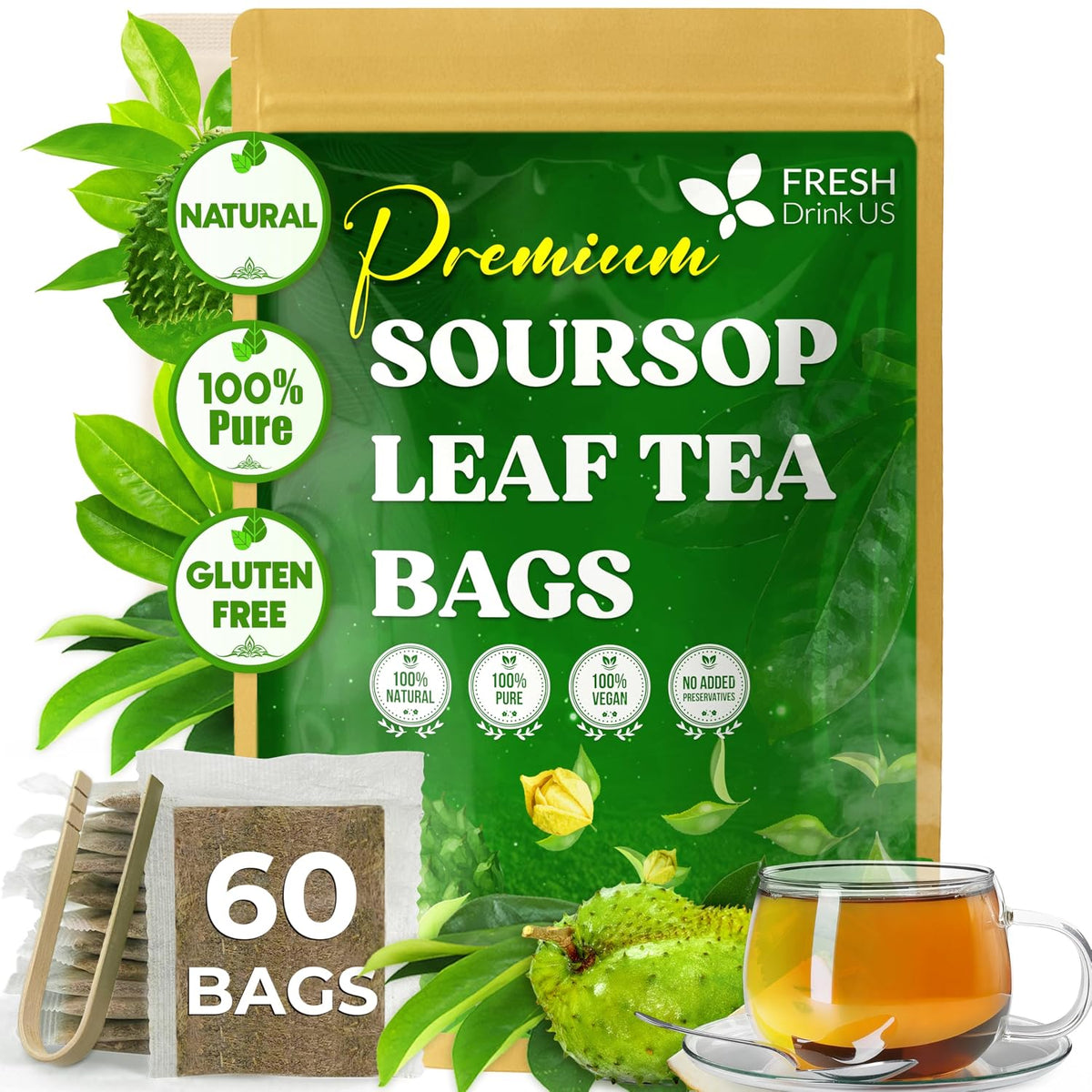 FreshDrinkUS, Premium Soursop Leaf Tea, 60 Count, Pure, Caffeine Free
