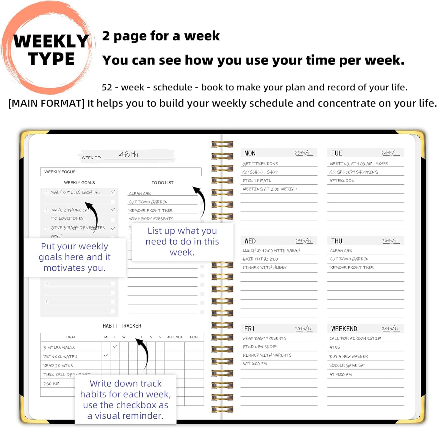 Undated Weekly Planner With Habit Tracker & To Do List 5.7 x 8.0 inch | Avoid Unfocused Busywork,Productivity Organizer,No-Bleed Thick Pages,Portable Size,Lay-Flat Spiral for Hands Free
