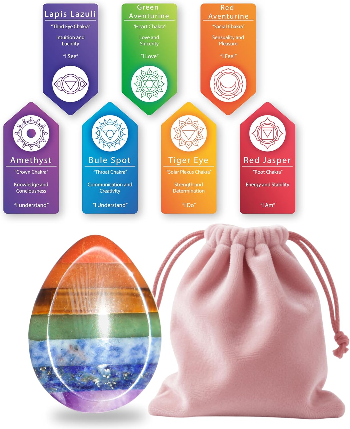 Gemstone Worry Stone, Chakras Worry Stone for Anxiety, Hand Carved Natural Pocket Palm Stones Water Drop Shape 7 Chakra Crystals and Healing Stones for Yoga Meditation 1.7"
