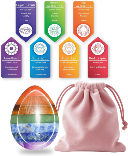 Gemstone Worry Stone, Chakras Worry Stone for Anxiety, Hand Carved Natural Pocket Palm Stones Water Drop Shape 7 Chakra Crystals and Healing Stones for Yoga Meditation 1.7"