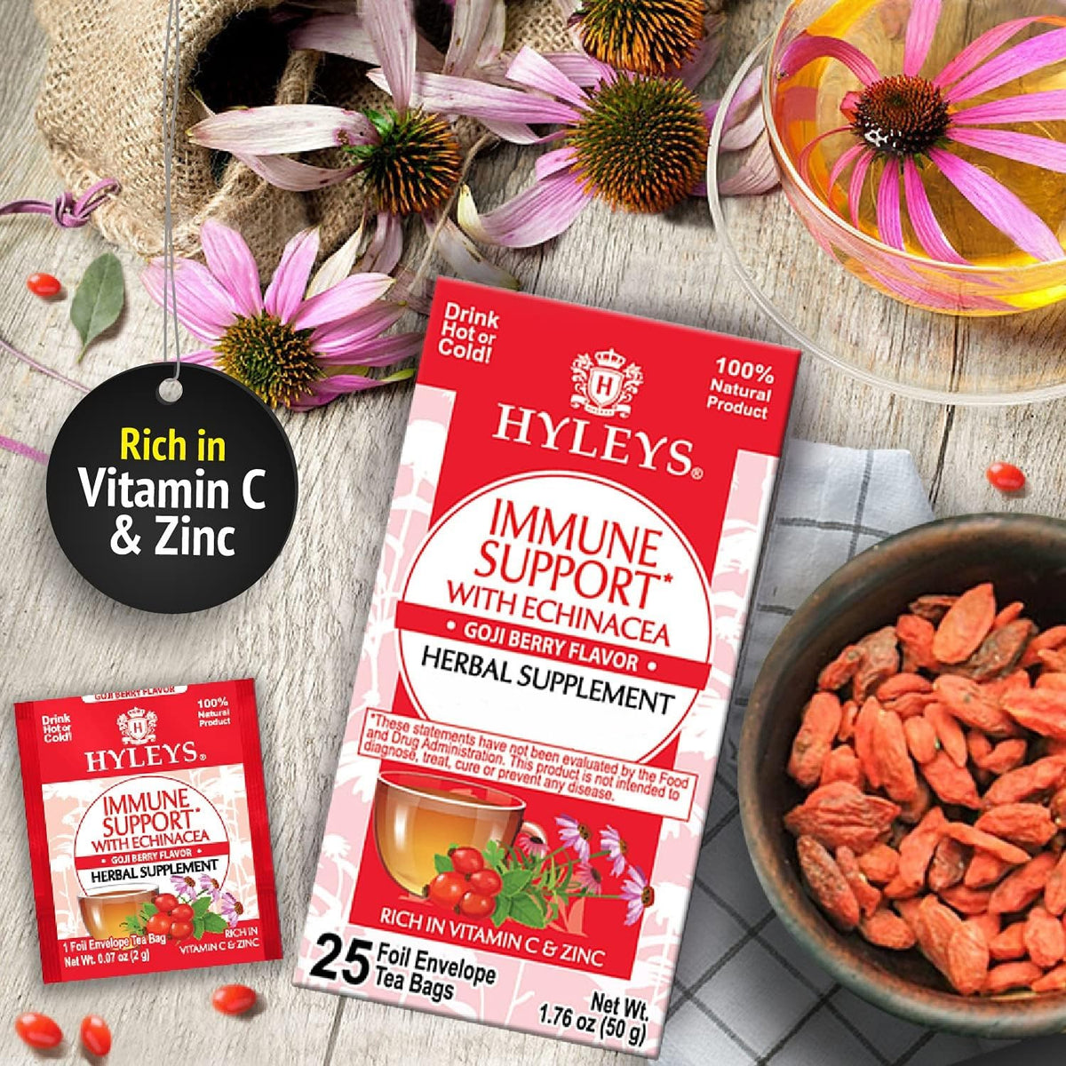 Hyleys Immunity Tea With Echinacea Goji Berry Flavor - 25 Tea Bags (1 Pack) - Support Your Immune System